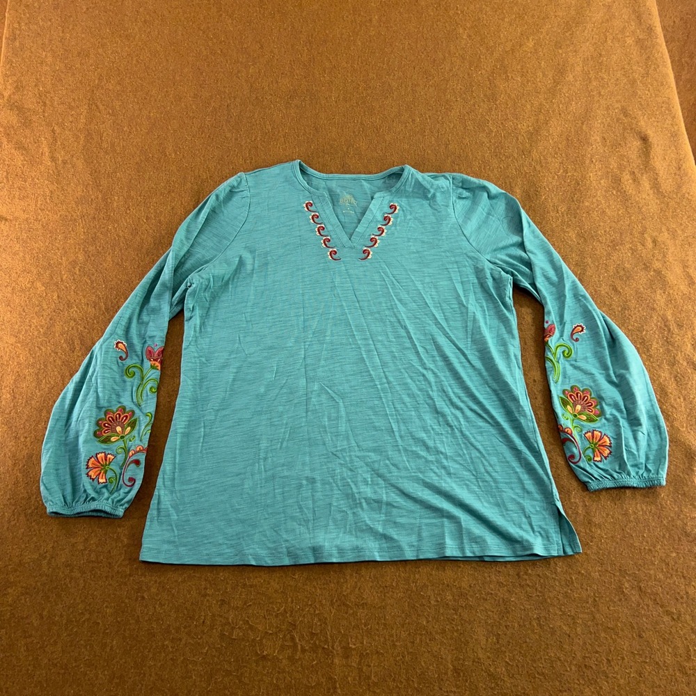 Belle Boho Womens Medium Teal Floral Embroidered Balloon Sleeve Top New